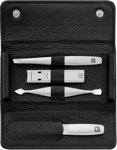 Image of ZWILLING Manicure Set (4 piece, push-button case, genuine leather, ergonomic design, with compact nail clipper), Premium, Black