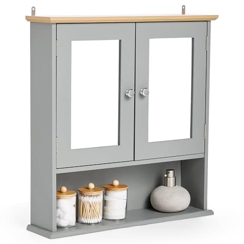 Image of VonHaus Bathroom Mirror Cabinet – Grey Bathroom Wall Cabinet with Wood Effect Top - 2 Door with Mirror, 3 Internal Shelves & 1 Open Shelf - for Toiletries & Medicine - Shrewsbury