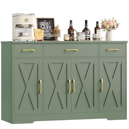 Image of HOCSOK Sideboard, 140cm Sideboard Storage Cabinet with 4 Barn Doors & 3 Drawers, Large Kitchen Cabinet with Adjustable Shelves, Cupboard for Living Room, Dining Room, Green 140x81x38.6 cm