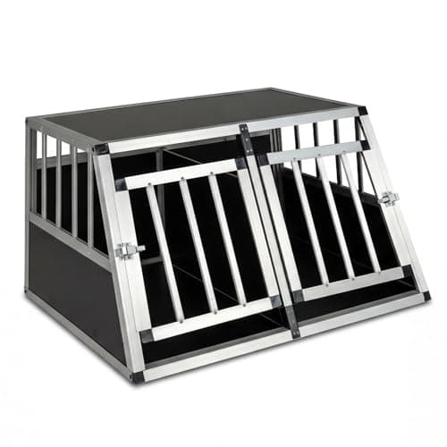 Image of COSTWAY Aluminium Car Dog Crate, Chew-proof Dog Transport Crate Travel Box with Lockable Door, Trapezoidal Puppy Cage Pet Carrier for Truck Camping (89 x 69 x 50.5cm, with Removable Divider)