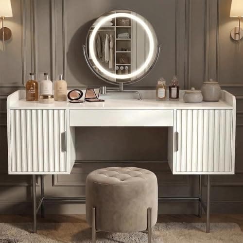 Image of Blisswood Vanity Desk with LED Mirror, Fluted Dressing Table with Drawer & 2 Storage Cabinets, Makeup Desk with 360° Swivelling Mirror, 3-Colour LED Adjustable Brightness, Modern Bedroom Dresser_White