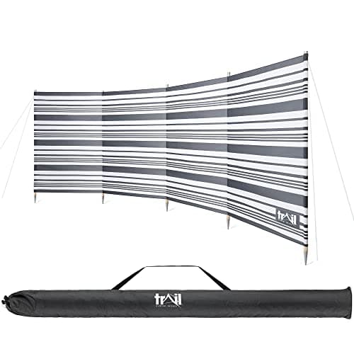 Image of Trail Premium 5 Pole Wooden Windbreak with Bag, 3.6m x 1.3m Tall Windbreaker Sun Shelter Privacy Screen with Metal Spikes, Reinforced Stitching, Outdoor Camping Festival Garden (Grey & White Striped)