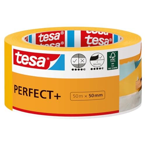 Image of tesa Masking Tape PerfectPlus - Painter's Tape Made of Thin Washi Paper for Precise Masking During Painting Work - for Indoor use - 50 m x 50 mm