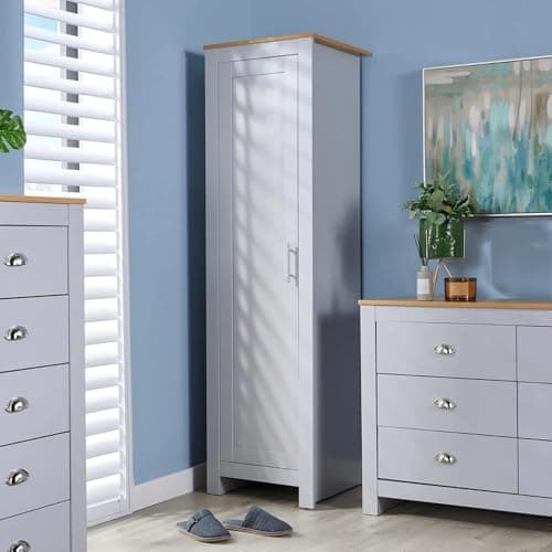 Image of Home Source Bedroom Furniture, 1 Door Slim Wardrobe, Oak Effect Top, Grey