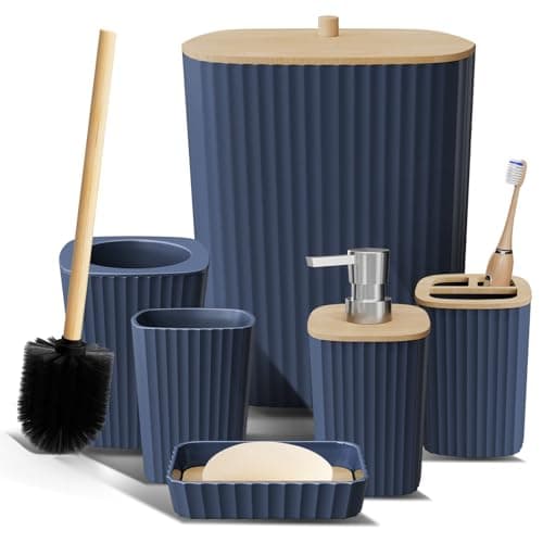 Image of Clara Clark Bathroom Set - Navy Blue Bathroom Accessories Set, 6PC Bathroom Accessory Set, Bathroom Sets with Toilet Brush, Trash Can & Soap Dispenser