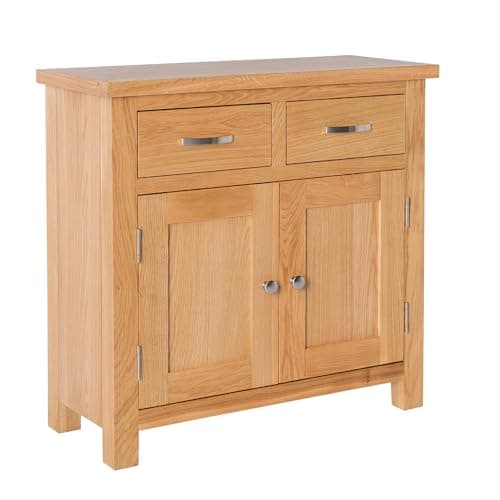 Image of London Oak Mini Sideboard Storage Cabinet with Drawers | Small Solid Wooden Cupboard with Shelf for Dining Room, Living Room or Hallway, Fully Assembled, H:75cm W:75cm D:32cm