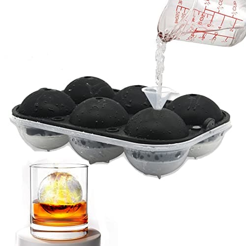 Image of Silicone Ice Ball Maker Moulds XL, 6cm(2.3inch) Sphere Ice Cube Mold with Lid - Great for Jelly Milk Juice Chocolate Moulds or Cocktails Whiskey & Plastic Funnel (6) Black Large Ice Ball Mould