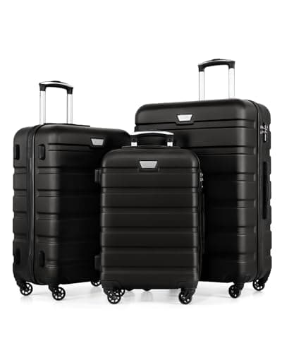Image of COOLIFE 3 Piece Luggage Set for Family Travel, Overseas Travel, ABS+PC, Lightweight Durable Suitcase with 360°Rubber Spinner Wheels, YKK Zipper, Telescopic Handle, TSA Lock, Black