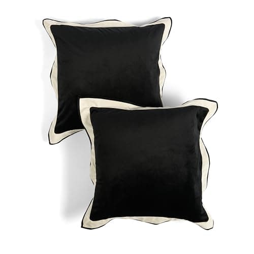 Image of OHS Set of 2 Cushion Covers 45 x 45cm, Ultra Soft Matte Velvet Oxford Edge Decorative Square Throw Pillow Covers with Invisible Zipper for Sofa Living Room Bedroom, Black/White