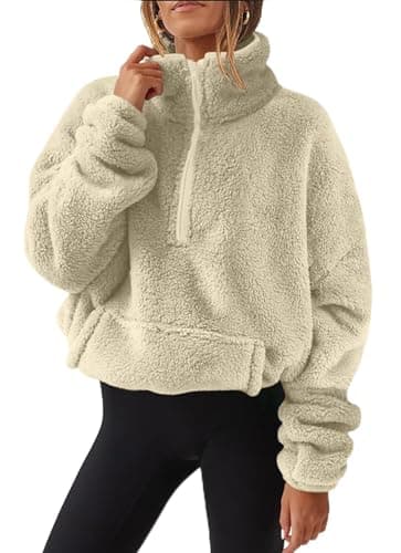 Image of WIEAYUMEI Women Teddy Fleece Jackets Half Zip Teen Girls Sweatshirts Crop Long Sleeve Stand Collar Jumpers Loose Fit Casual Fluffy Pullover Beige XL
