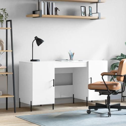 Image of SooIarix Desk High Gloss White Made of Wood Material 140 x 50 x 75 cm with Storage Space and Sturdy Iron Base Ideal as a Gaming Table and Computer Desk for Study and PC Workplace