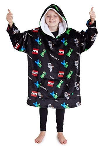 Image of Minecraft Hoodie Blanket Boys Teens, Creeper Wearable Blanket Hooded Loungewear, Oversized Fleece Poncho, Gamer Gifts for Boys (Black)