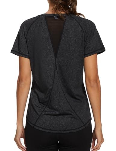 Image of Gyabnw Women's Sports T-Shirt Gym Tops Back Mesh Loose Fit Yoga Running Top Lightweight Moisture Wicking Crew Neck Short Sleeve for Ladies Black