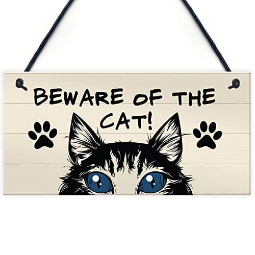 Image of RED OCEAN Funny Cat Gift BEWARE Sign Cat Lovers Gift For Home Animal Sign Pet Sign Family Plaque