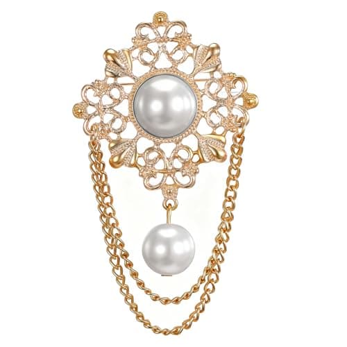 Image of Antique Pearl Brooch Pin for Women Girls Vintage Round Pearl Filigree Flower Chain Tassel Brooches Boho Victorian Style Brooches Lapel Pins Scarf Clip Suit Clothes Accessories Jewelry