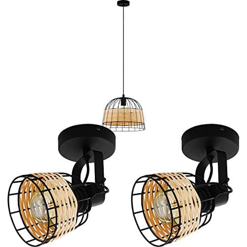 Image of Ceiling Pendant Light & 2X Matching Wall Lights - Black Wire & Wicker Wood Lamp - Hanging Drop Adjustable Height Lamp Living Room Set Kit