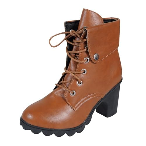 Image of WOFANLULY Ladies Ankle Boots, Lace Up Block Mid Heeled Chunky Platform Ankle Shoes for Women (Brown, Size 4)