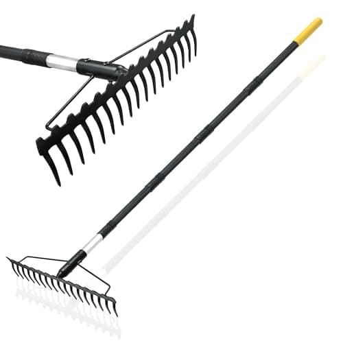 Image of BlumeTrec Bow Rake, 172cm Adjustable Handle Garden Rake with 17 Steel Tines, Heavy Duty Dual-Sided Metal Rake Landscape Gardening Tool for Soil Loosening Lawn Yard Leaves Mulch Thatch Removing