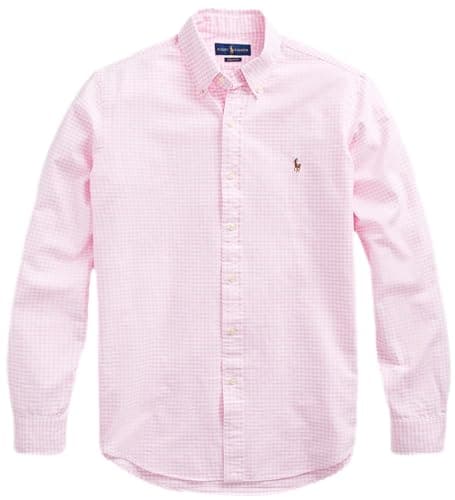 Image of POLO RALPH LAUREN Men's Long Sleeve Slim Fit Oxford Button Down Shirt, Checkered Pink/White, Large