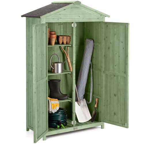 Image of Christow Small Double Door Garden Shed – Sage Green, Tall Wooden Outdoor Storage, Slim Utility Shed, Three Configurable Shelves, Treated Wood, Lockable Doors, Sloped Roof, H166cm x W100cm x D64cm