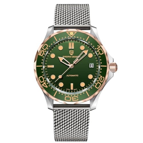 Image of Pagani Design 007-Model Men's Automatic Watches Japan Movement Rotating Ceramic Bezel Stainless Steel Waterproof Self Winding Wrist Watch (Gold Green-milanese)