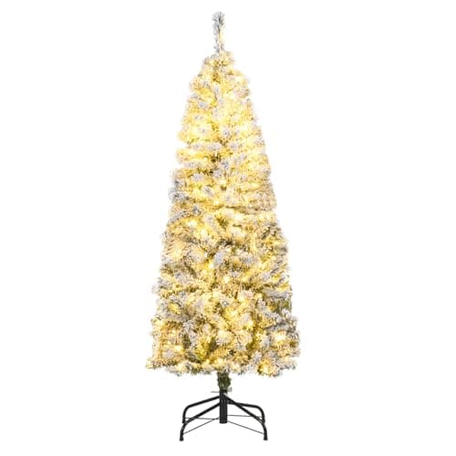 Image of COSTWAY 5ft/6ft Pre-lit Snow Flocked Christmas Tree, Hinged Artificial Slim Pencil Xmas Tree with Lights, Foldable Metal Stand, Holiday Decoration for Home Office Shop (150 cm)