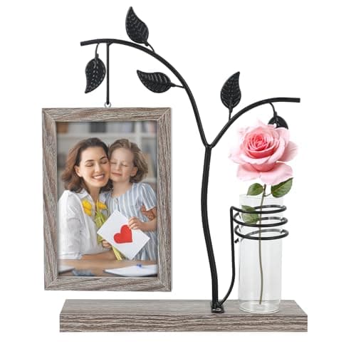 Image of Wooden Picture Frame 6x4, Rustic Double Sided Rotating Floating Photo Frame Holds 2 Photos, Desktop Frame with Glass Vase & Metal Tree Knot Decor, Personalised Gift for Family Friends Birthday(Gray-2)