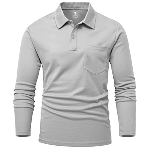 Image of Rdruko Long Sleeve Polo Shirts Mens Smart Casual Golf Tops Breathable Wicking Quick Dry Polyester Work T Shirts with Pocket Light Grey L