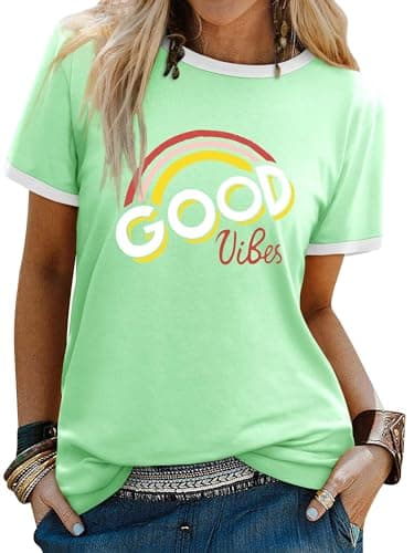 Image of Dresswel Women Good Vibes T-Shirt Rainbow Graphic Print Tee Shirts Summer Tops(Light Green,M)