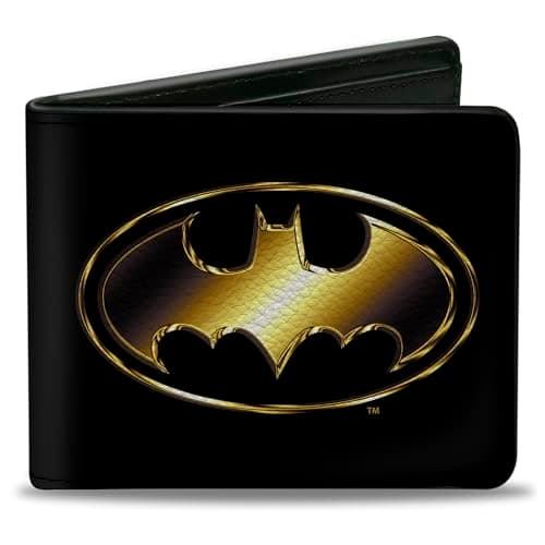 Image of Buckle-Down DC Comics Wallet, Bifold, Justice League Batman Bat Signal Logo Black Gold, Vegan Leather, Black/gold, 7" x 4", Casual