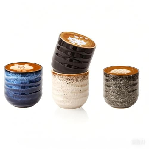 Image of Kynthyre Set of 4 No-Handle Ceramic Coffee & Tea Cups, 6.8oz, Japanese Style, Espresso Cups for Home, Office & Gifts, Microwave & Dishwasher Safe