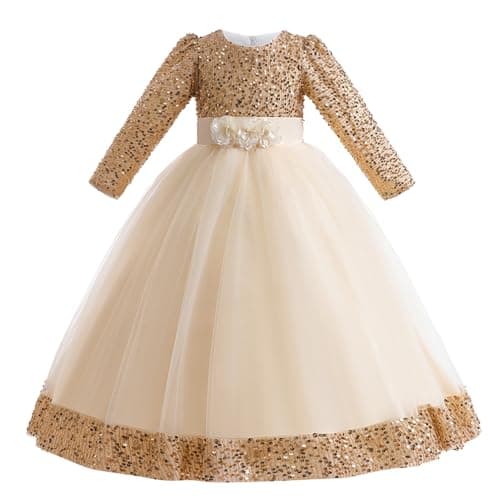 Image of Cichic Dresses for Girls Elegant Sequins Tulle Long Sleeve Gown Weddings Birthday Party Pageant Prom Maxi Dress Champagne 9-10 Years