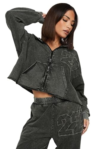 Image of PixieGirl Petite Grey Acid Wash Cotton Cropped Hoodie Petite