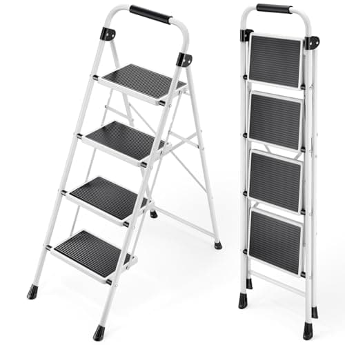 Image of KINGRACK Folding Step Ladder 4 Steps Stool, Heavy-Duty Sturdy Tall Stepladder with Handrails & Wide Pedals for Adults, Safety Steel Household Ladders for Home Kitchen Office, White