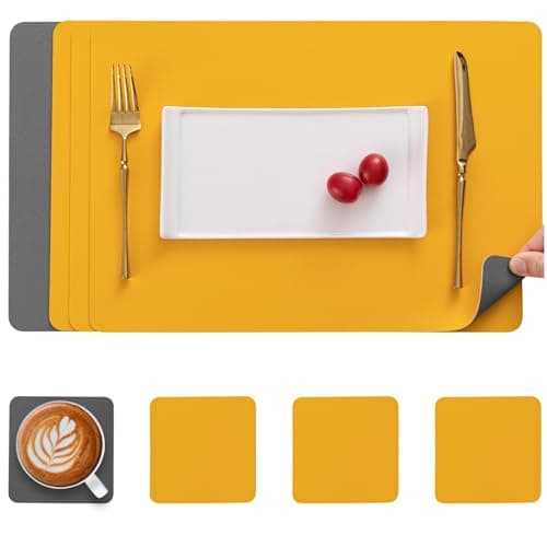 Image of Myir JUN Leather Table Mats and Coasters, Dual-Sided Leather Placemats and Coasters Waterproof Placemats Set of 4 Place Mats Non-Slip Washable Table Mats (Grey Yellow, Set of 4)