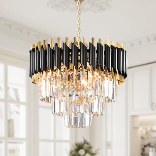 Image of AHXIAOZN Modern Crystal Chandelier Black Chandelier, 3-Tier Crystal Light Fixture, Round Pendant Light, Raindrop Flush Mount Ceiling Light for Bedroom Living Room