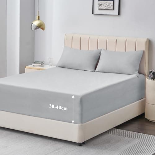 Image of Aisbo Super King Fitted Sheet Grey - Extra Deep Pocket Bed Sheet 16 inch 40 cm - Microfiber Bottom Sheet, 183x200cm