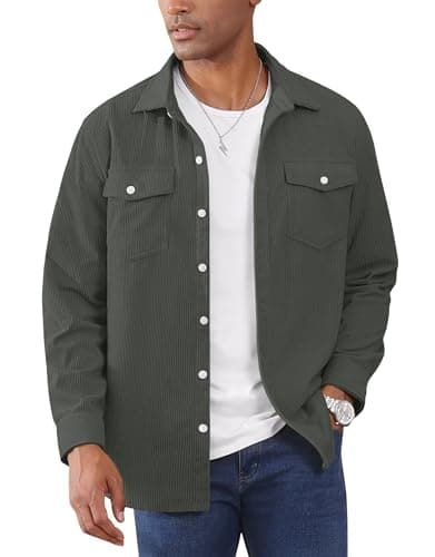 Image of EKLENTSON Mens Corduroy Jacket Long Sleeve Button Up Shirts Casual Lightweight Shacket Jacket Spring Top Dark Grey M