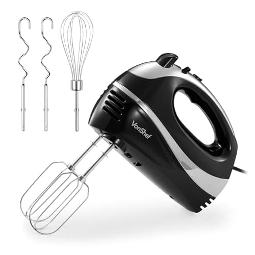 Image of VonShef Hand Mixer Electric Whisk – Food Mixer for Baking with 5 Speeds, 300W, 2 Stainless Steel Beaters, 2 Dough Hooks & Balloon Whisk, Easy Clean, Turbo Boost, Eject Button, Compact – Black