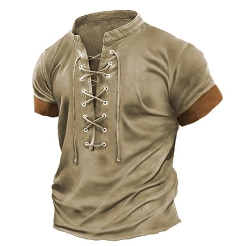 Image of Cotton Tshirts Men - Men's Sports Shirt Short Sleeved Lace Up Pullover Comfortable and Lightweight Casual Top Sports Casual Short Sleeved T Shirt (Khaki M)