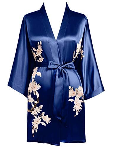 Image of BABEYOND Satin Kimono Dressing Gown Short Floral Printed Kimono Robe Long Knee Length Kimono Dress Cover Up for Women Wedding Pyjamas Party (Navy Blue)