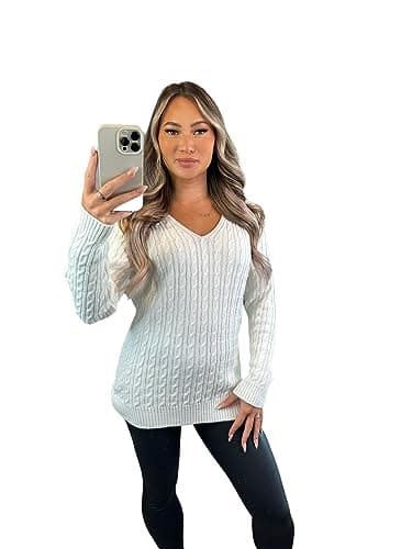 Image of Crazy Fashion Ladies Long Sleeve V-Neck Knitted Cable Women’s Jumper Knitted Sweater Pull Over Jumper Top Knit Warm Winter Chunky Everyday Casual Pullover Plain Tops Cream UK 12-14