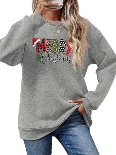 Image of Asoodiy Christmas Sweatshirts Fleece Lined Womens Xmas Top Ladies Merry Christmas Printed Blouse Grey S