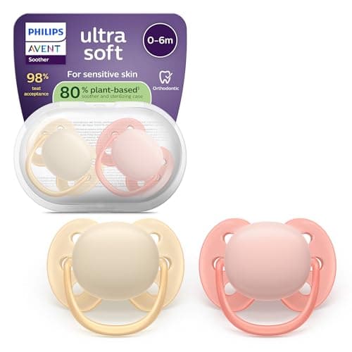 Image of Philips Avent Ultra Soft Soothers - Orthodontic Design, for Babies 0-6 Months, Flexible Shield, Silicone Symmetrical Teat, BPA-Free, with Sterilizing Case, 2 Pack, SCF091/38