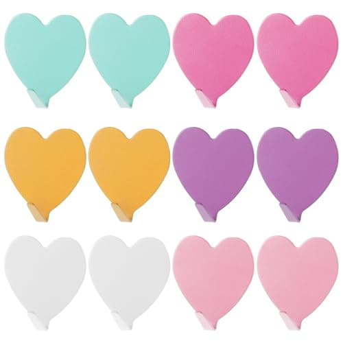 Image of Wanmu Heart Hooks for Wall, Heart Shaped Adhesive Decorative Wall Hooks, 12 Pcs Cute Wall Hooks, Stainless Steel Wall Hook, Strong Adhesive Hooks for Shower for Kitchen, Home, Bathroom (Multicolor)