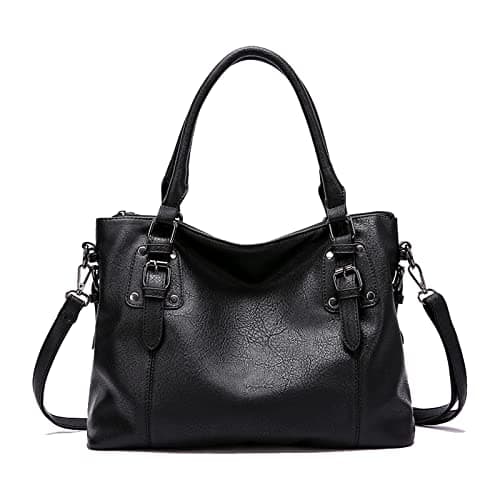 Image of Aileese Womens Handbags Soft Leather Retro Vintage Designer Top-Handle Casual Pocket Ladies Tote Shoulder Bags Black