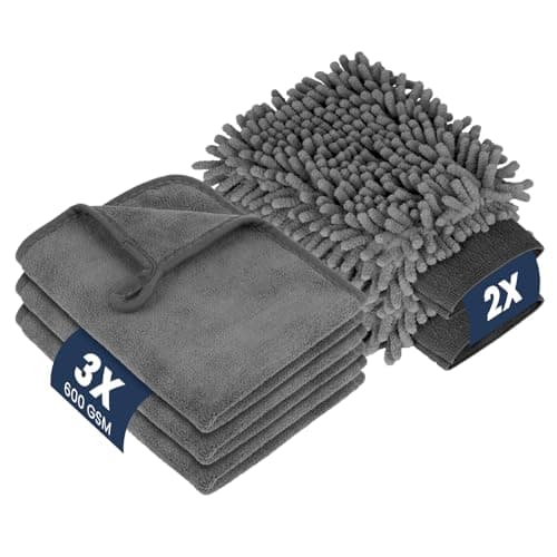 Image of flintronic 5 Pcs Car Washing Kit with 3 Microfibre Cleaning Cloth 2 Microfiber Car Wash Mitt, 600GSM Dual-Sided Ultra Soft Drying Towels and Gloves for Household, Washing Care, Drying, Polishing