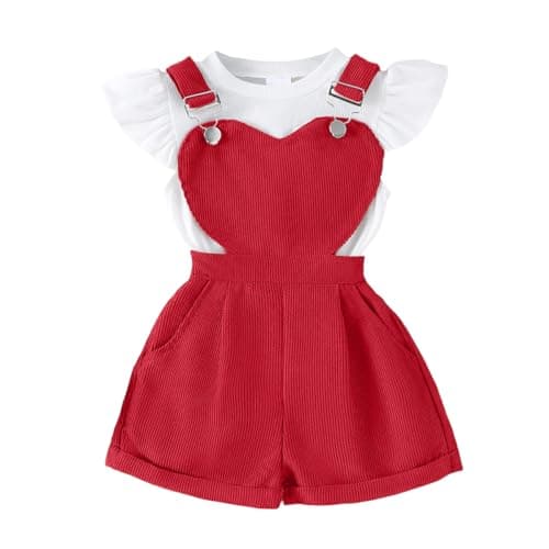 Image of QUNERY Toddler Baby Girl Clothes Round neck Top Sleeves Solid Color Heart-Shaped Suspender Shorts Sets Wine red 3-4 years
