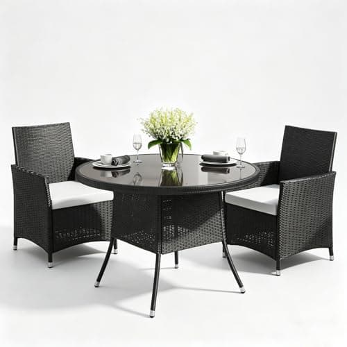 Image of The Fellie 3 Piece Garden Dining Set Rattan Garden Table and Chairs 105cm Round Patio Table with Parasol Hole 2 Seater Wicker Armchairs With Cushions Tempered Glass Top Outdoor Furniture Set