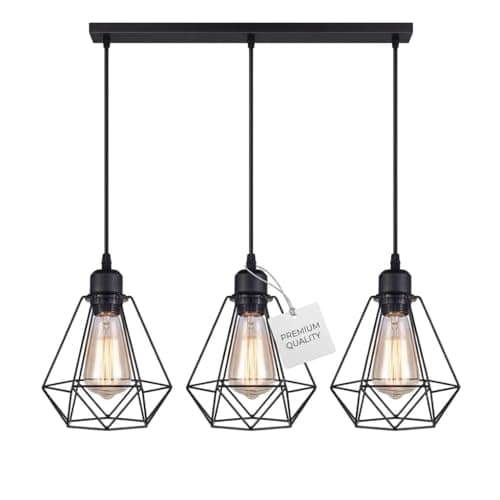 Image of LEDSone 3 Light Pendant Light Height Adjustable, E27 Ceiling Lights Metal Square Plate Hanging Lights for Living Room, Dining Room, Coffee Shop (Black(Type 2), Without-Bulb) s